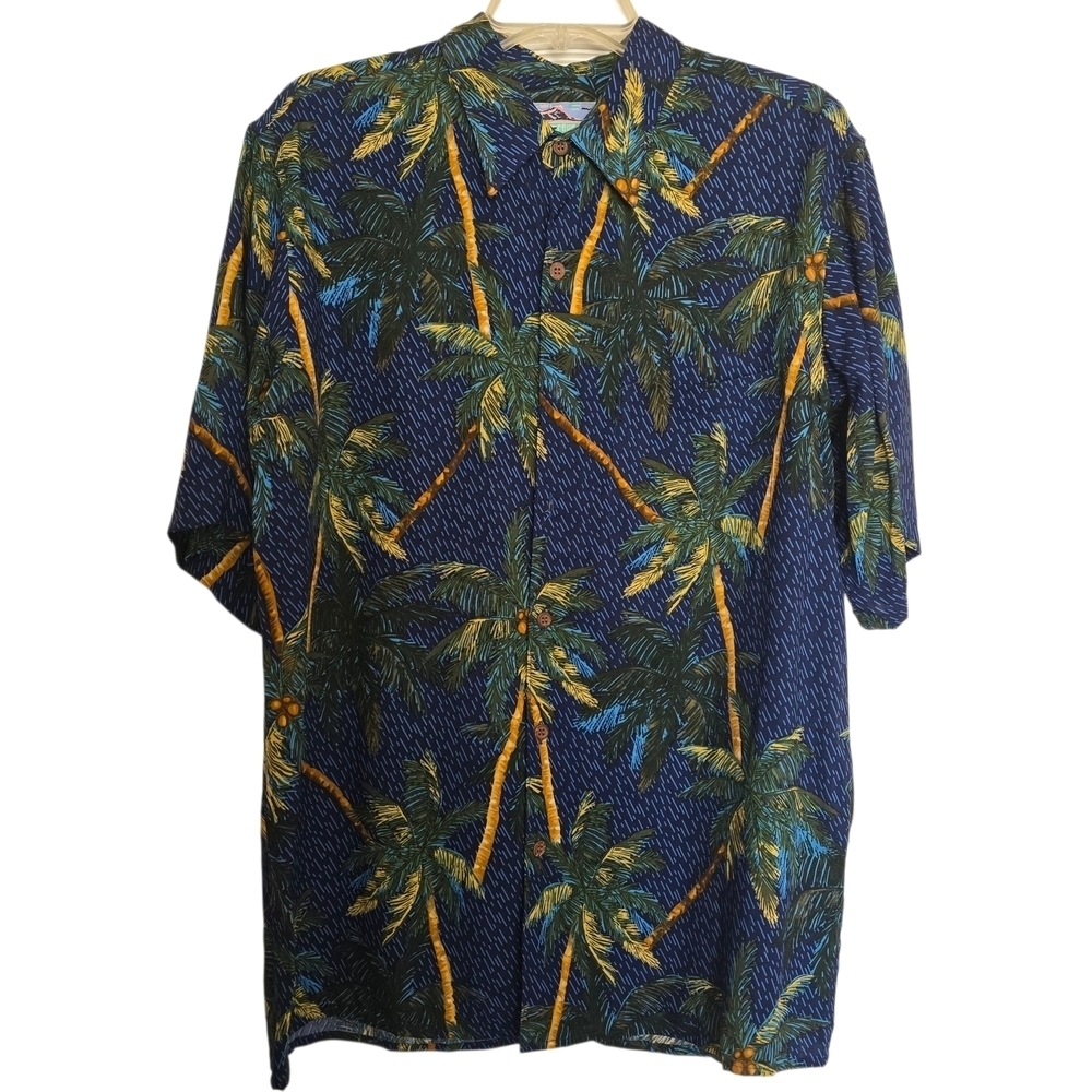 NWT Reyn Spooner Navy Hawaiian Shirt with Blue Green Palm Tree Design